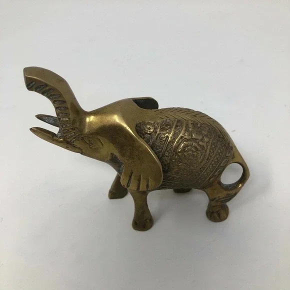Vintage Small Solid Brass Elephant Raised Trunk Embossed Ornate MCM Figurine - Picture 9 of 11